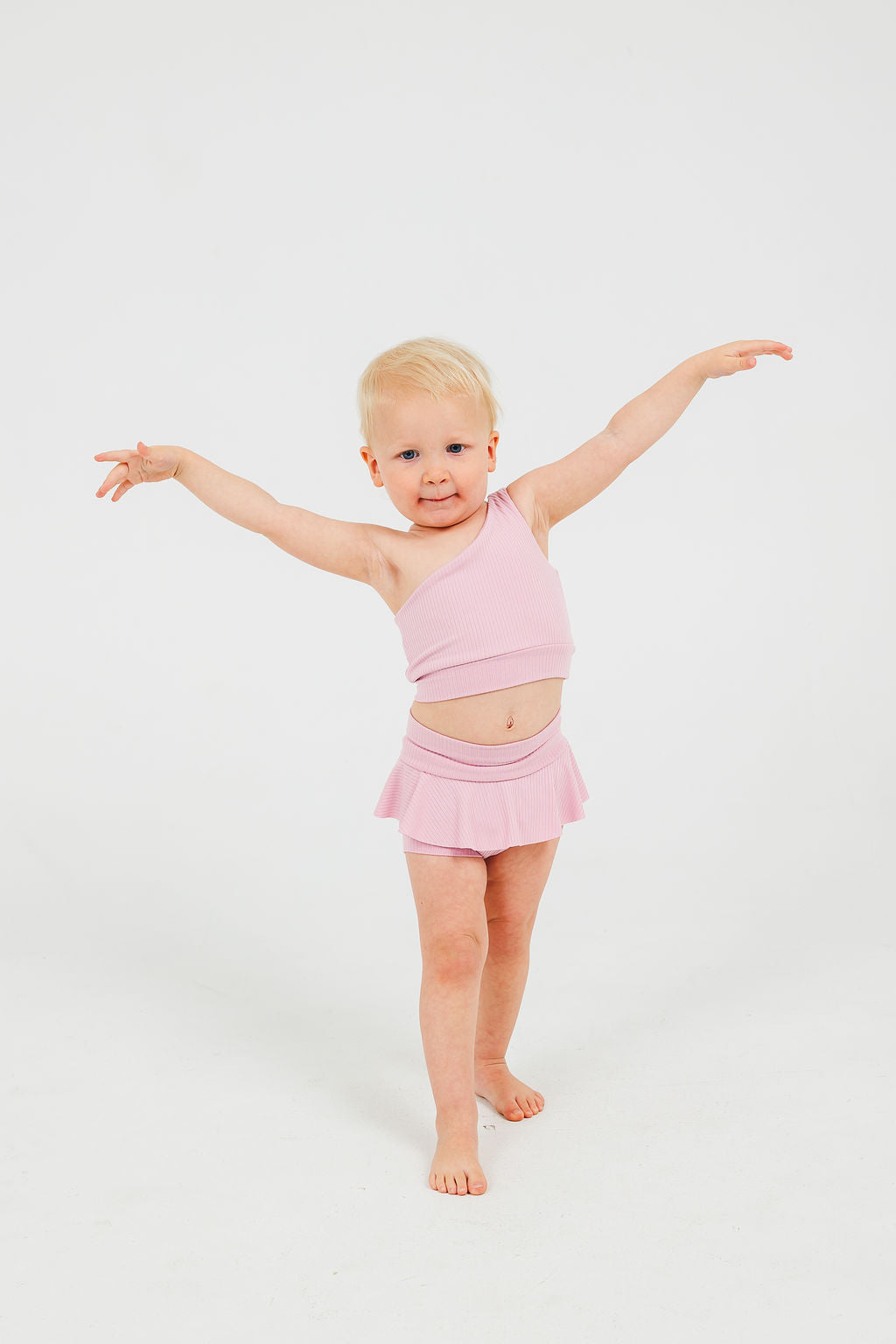 Pink Ribbed One-Shoulder Dance Set