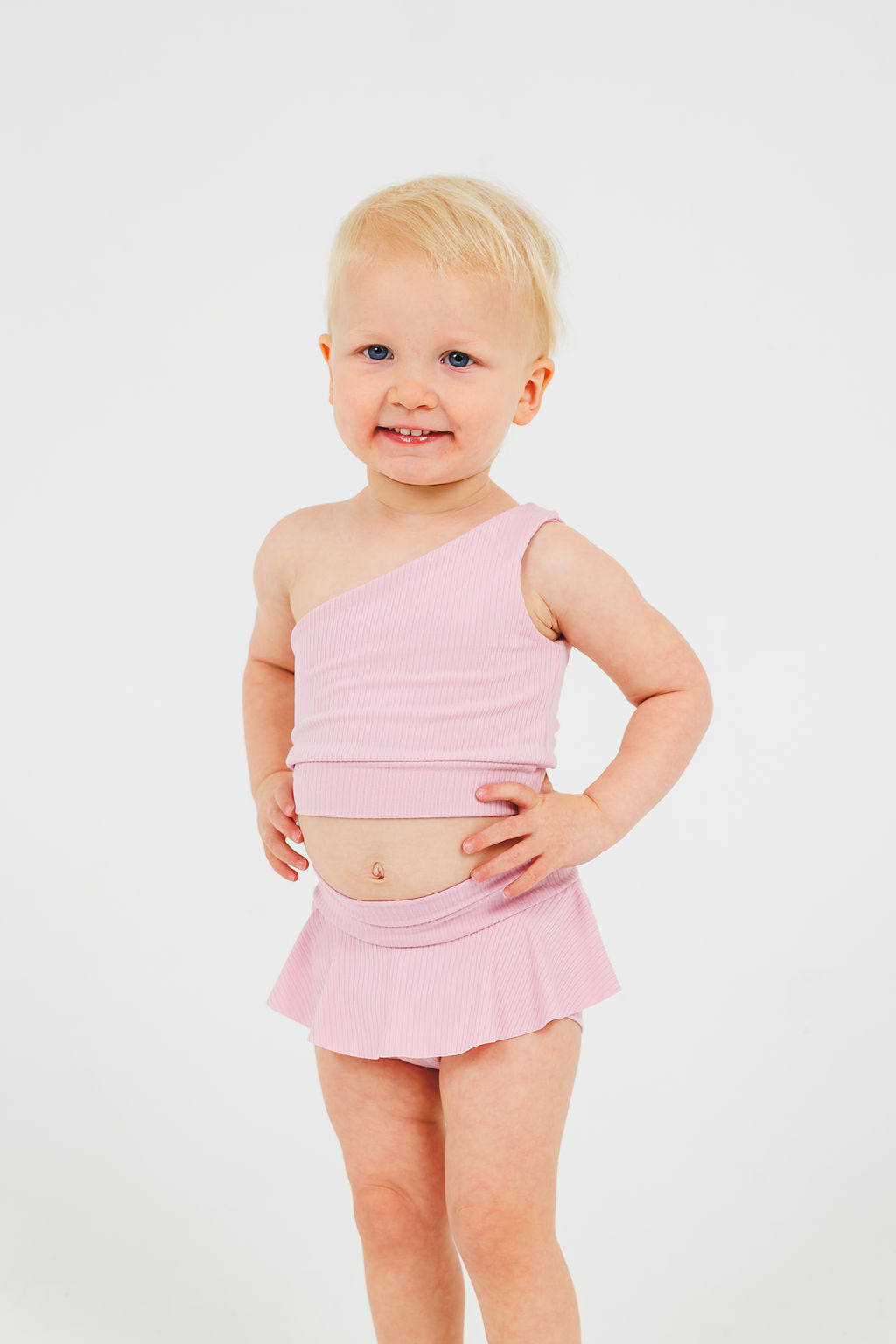 Pink Ribbed One-Shoulder Dance Set